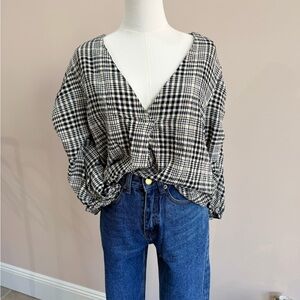 Zara Basic Plaid Ruched Sleeve Blouse – Size S